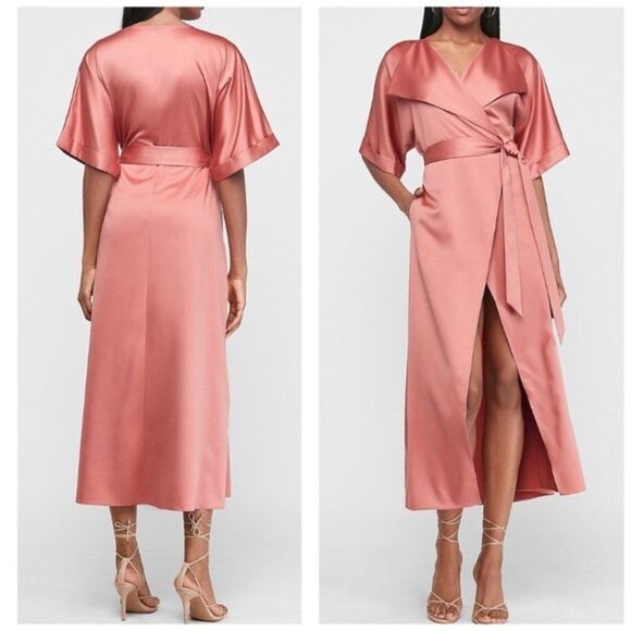 Express Satin Wrap Midi Dress in Rose Pink - Picture 1 of 11